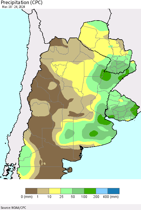 Southern South America Precipitation (CPC) Thematic Map For 3/18/2024 - 3/24/2024