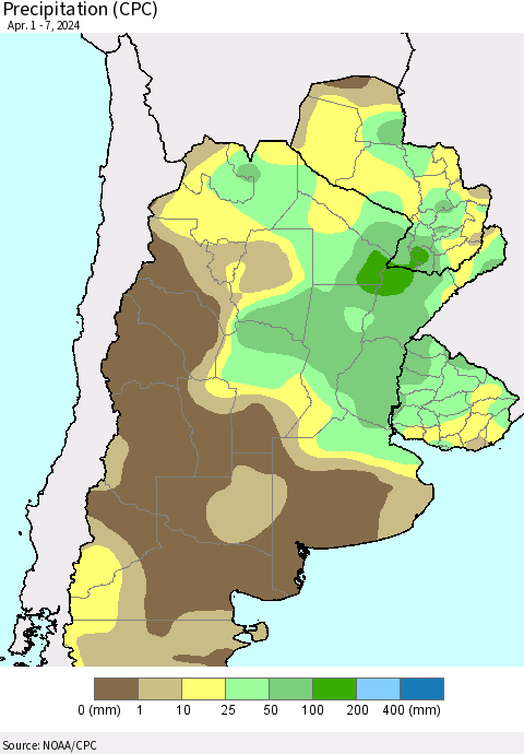 Southern South America Precipitation (CPC) Thematic Map For 4/1/2024 - 4/7/2024