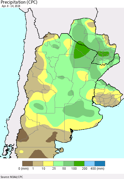 Southern South America Precipitation (CPC) Thematic Map For 4/8/2024 - 4/14/2024