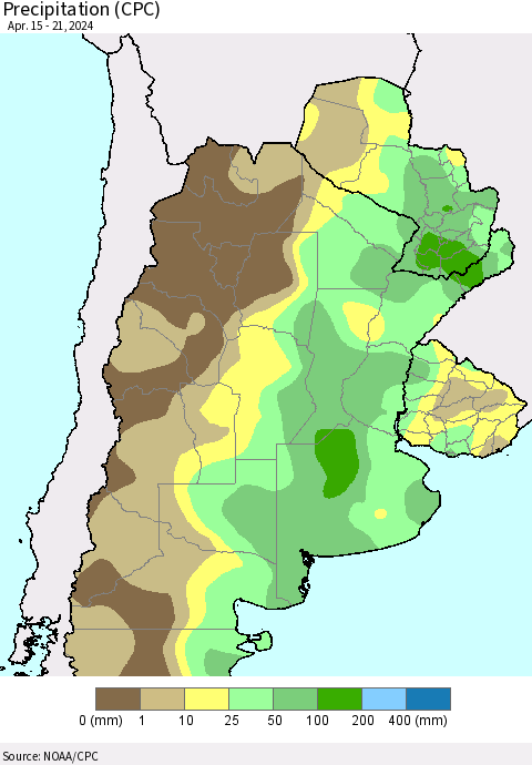 Southern South America Precipitation (CPC) Thematic Map For 4/15/2024 - 4/21/2024