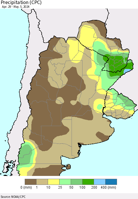 Southern South America Precipitation (CPC) Thematic Map For 4/29/2024 - 5/5/2024