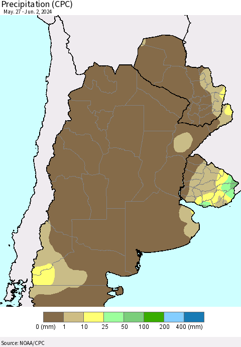Southern South America Precipitation (CPC) Thematic Map For 5/27/2024 - 6/2/2024