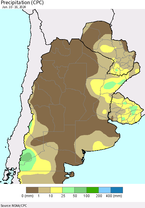 Southern South America Precipitation (CPC) Thematic Map For 6/10/2024 - 6/16/2024