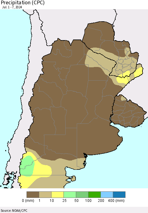 Southern South America Precipitation (CPC) Thematic Map For 7/1/2024 - 7/7/2024