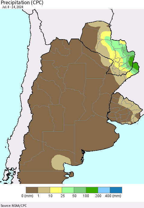 Southern South America Precipitation (CPC) Thematic Map For 7/8/2024 - 7/14/2024