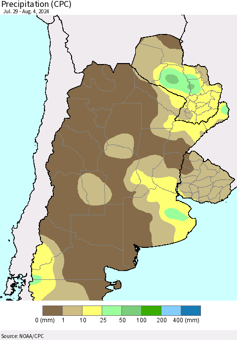 Southern South America Precipitation (CPC) Thematic Map For 7/29/2024 - 8/4/2024
