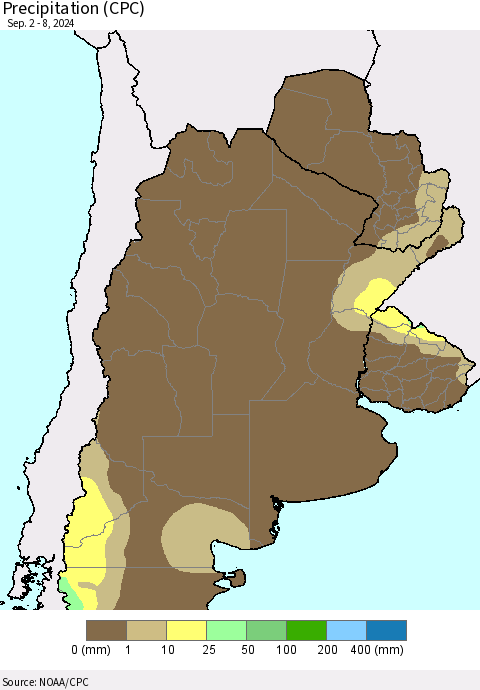 Southern South America Precipitation (CPC) Thematic Map For 9/2/2024 - 9/8/2024