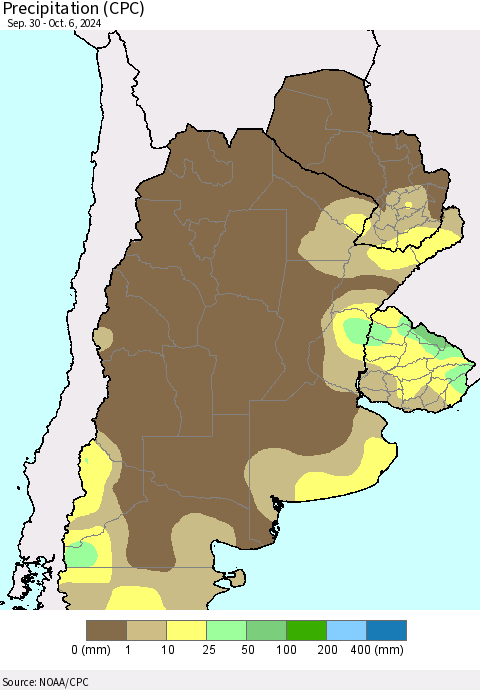 Southern South America Precipitation (CPC) Thematic Map For 9/30/2024 - 10/6/2024