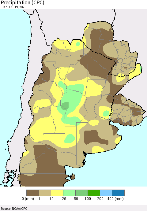 Southern South America Precipitation (CPC) Thematic Map For 1/13/2025 - 1/19/2025