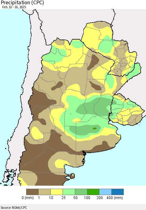 Southern South America Precipitation (CPC) Thematic Map For 2/10/2025 - 2/16/2025