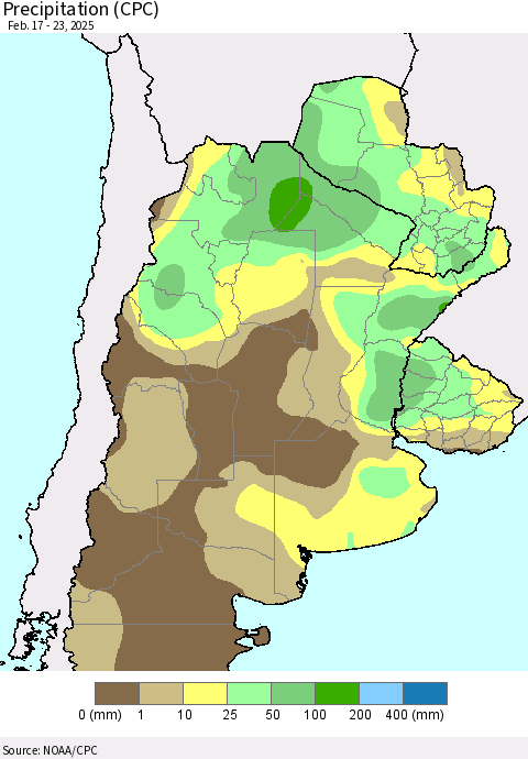 Southern South America Precipitation (CPC) Thematic Map For 2/17/2025 - 2/23/2025