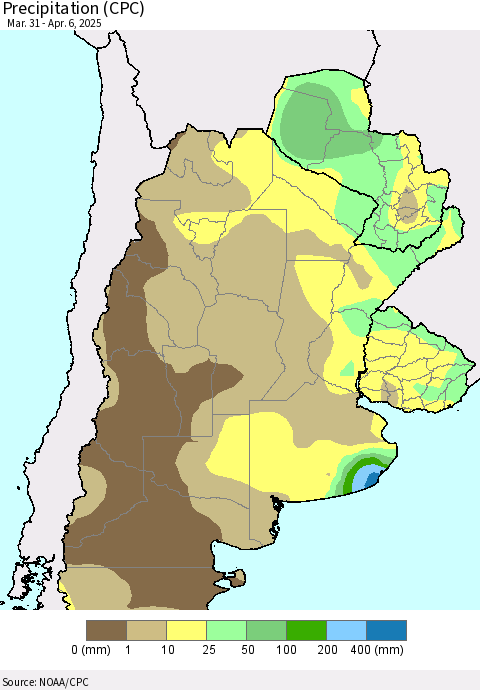 Southern South America Precipitation (CPC) Thematic Map For 3/31/2025 - 4/6/2025