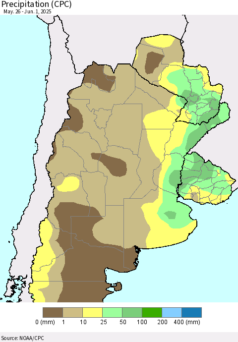 Southern South America Precipitation (CPC) Thematic Map For 5/26/2025 - 6/1/2025