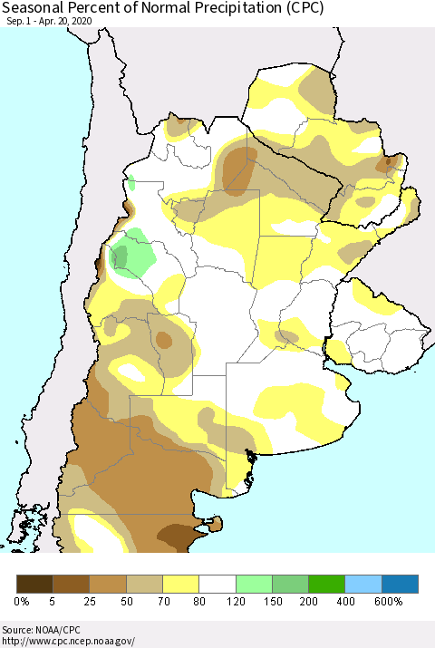 Southern South America Seasonal Percent of Normal Precipitation (CPC) Thematic Map For 9/1/2019 - 4/20/2020