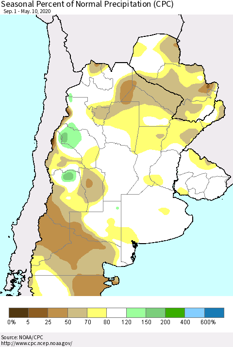 Southern South America Seasonal Percent of Normal Precipitation (CPC) Thematic Map For 9/1/2019 - 5/10/2020