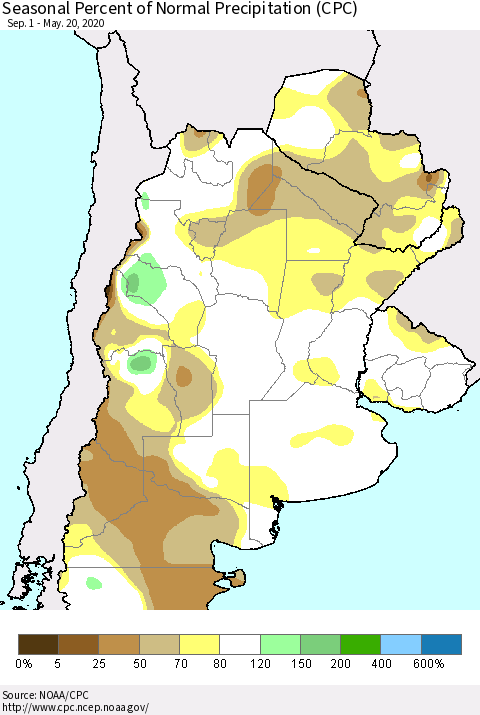Southern South America Seasonal Percent of Normal Precipitation (CPC) Thematic Map For 9/1/2019 - 5/20/2020