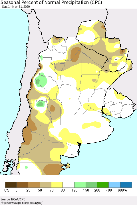 Southern South America Seasonal Percent of Normal Precipitation (CPC) Thematic Map For 9/1/2019 - 5/31/2020