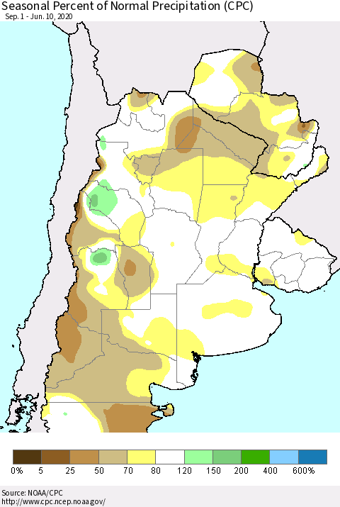 Southern South America Seasonal Percent of Normal Precipitation (CPC) Thematic Map For 9/1/2019 - 6/10/2020