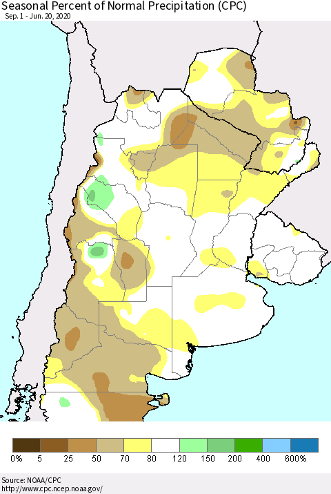 Southern South America Seasonal Percent of Normal Precipitation (CPC) Thematic Map For 9/1/2019 - 6/20/2020