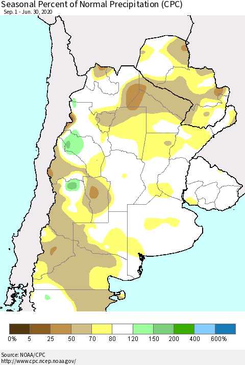 Southern South America Seasonal Percent of Normal Precipitation (CPC) Thematic Map For 9/1/2019 - 6/30/2020