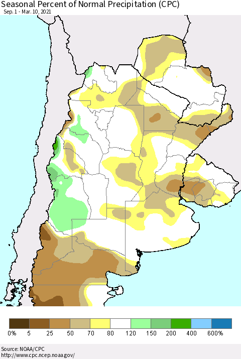 Southern South America Seasonal Percent of Normal Precipitation (CPC) Thematic Map For 9/1/2020 - 3/10/2021