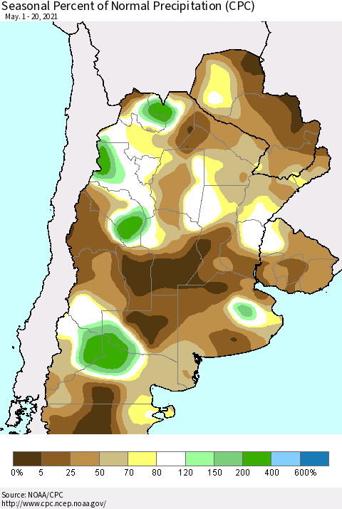 Southern South America Seasonal Percent of Normal Precipitation (CPC) Thematic Map For 5/1/2021 - 5/20/2021