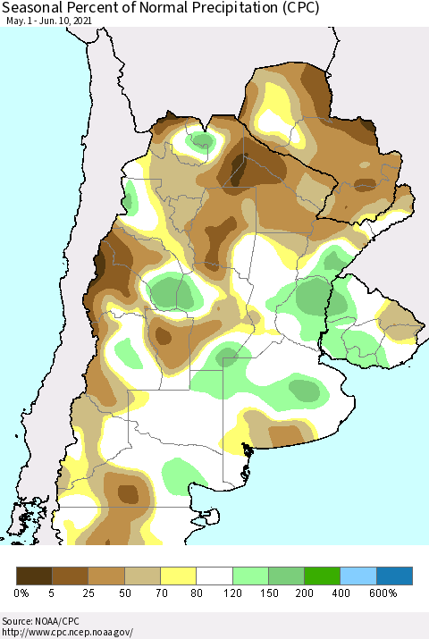 Southern South America Seasonal Percent of Normal Precipitation (CPC) Thematic Map For 5/1/2021 - 6/10/2021
