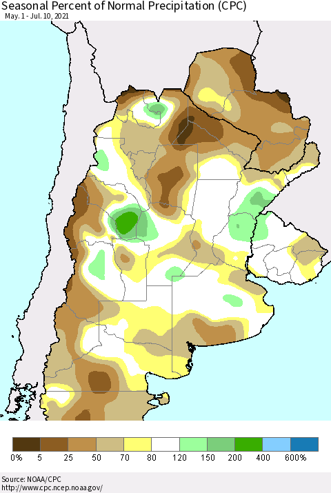 Southern South America Seasonal Percent of Normal Precipitation (CPC) Thematic Map For 5/1/2021 - 7/10/2021