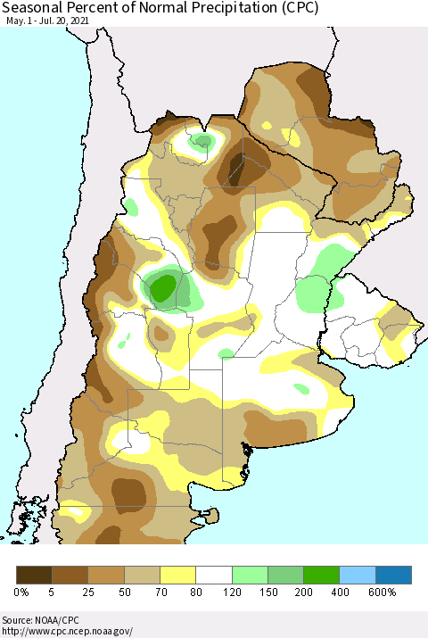 Southern South America Seasonal Percent of Normal Precipitation (CPC) Thematic Map For 5/1/2021 - 7/20/2021