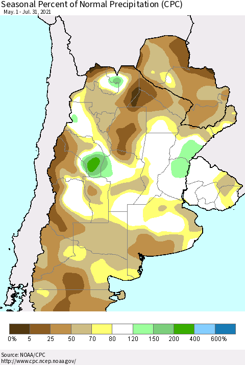 Southern South America Seasonal Percent of Normal Precipitation (CPC) Thematic Map For 5/1/2021 - 7/31/2021