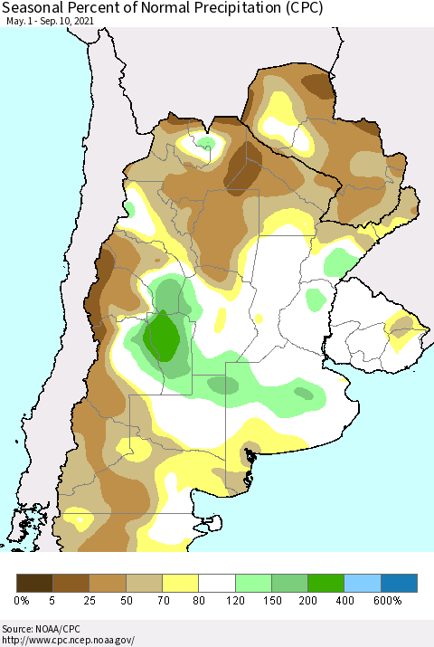 Southern South America Seasonal Percent of Normal Precipitation (CPC) Thematic Map For 5/1/2021 - 9/10/2021