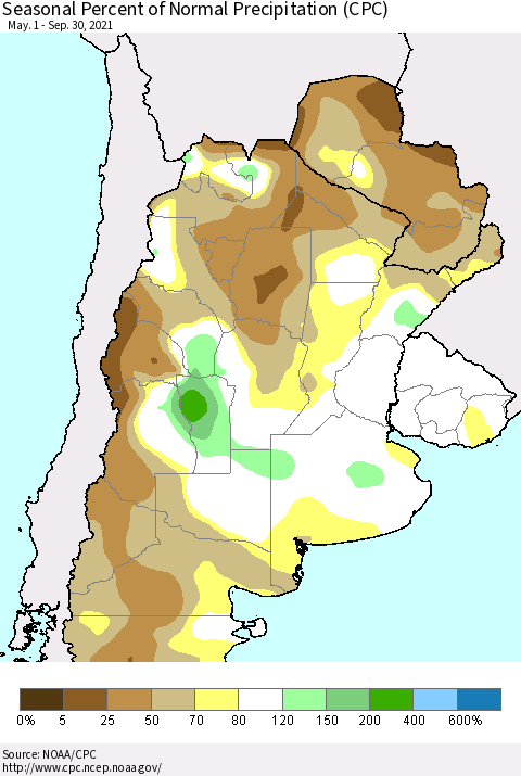 Southern South America Seasonal Percent of Normal Precipitation (CPC) Thematic Map For 5/1/2021 - 9/30/2021