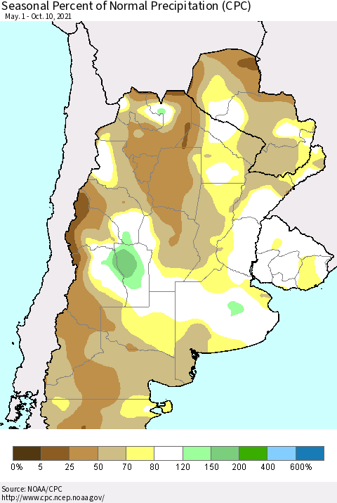 Southern South America Seasonal Percent of Normal Precipitation (CPC) Thematic Map For 5/1/2021 - 10/10/2021