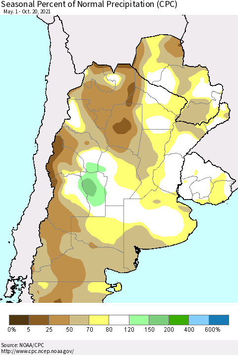 Southern South America Seasonal Percent of Normal Precipitation (CPC) Thematic Map For 5/1/2021 - 10/20/2021