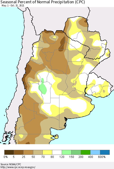 Southern South America Seasonal Percent of Normal Precipitation (CPC) Thematic Map For 5/1/2021 - 10/31/2021