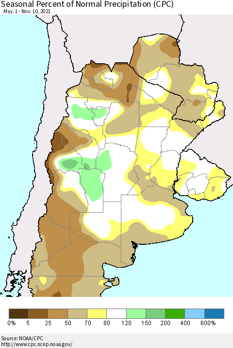 Southern South America Seasonal Percent of Normal Precipitation (CPC) Thematic Map For 5/1/2021 - 11/10/2021