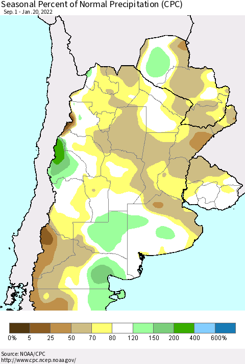 Southern South America Seasonal Percent of Normal Precipitation (CPC) Thematic Map For 9/1/2021 - 1/20/2022