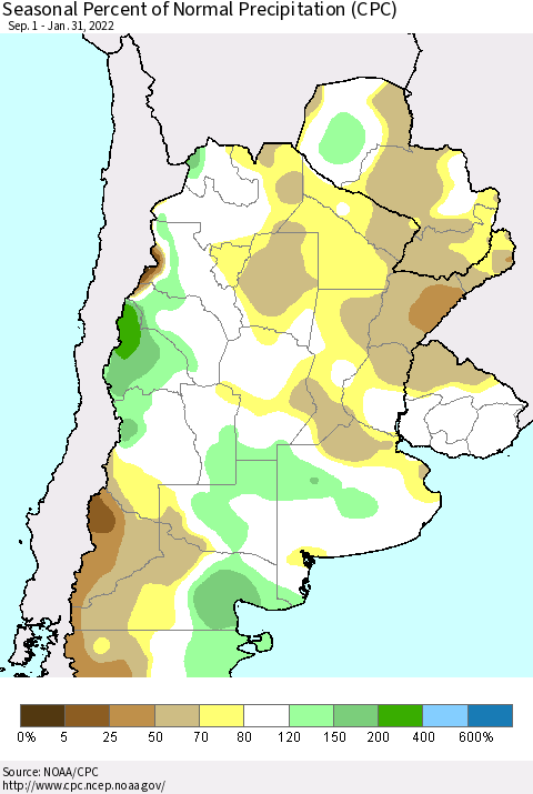 Southern South America Seasonal Percent of Normal Precipitation (CPC) Thematic Map For 9/1/2021 - 1/31/2022