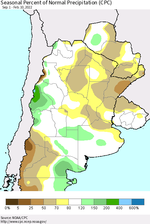 Southern South America Seasonal Percent of Normal Precipitation (CPC) Thematic Map For 9/1/2021 - 2/10/2022