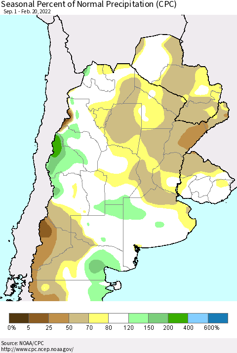 Southern South America Seasonal Percent of Normal Precipitation (CPC) Thematic Map For 9/1/2021 - 2/20/2022