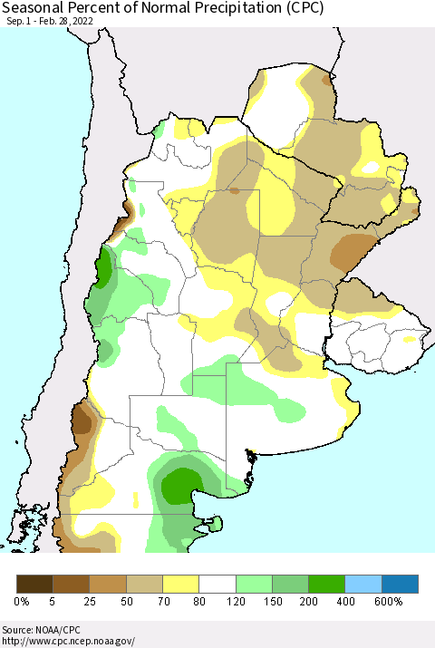 Southern South America Seasonal Percent of Normal Precipitation (CPC) Thematic Map For 9/1/2021 - 2/28/2022