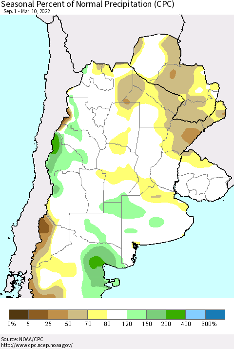 Southern South America Seasonal Percent of Normal Precipitation (CPC) Thematic Map For 9/1/2021 - 3/10/2022