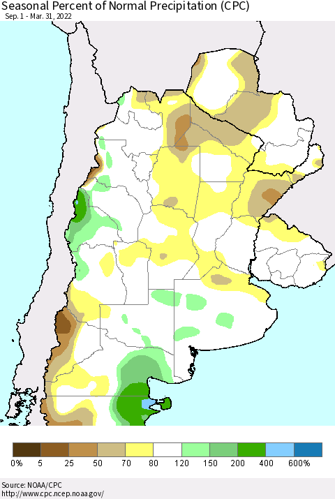Southern South America Seasonal Percent of Normal Precipitation (CPC) Thematic Map For 9/1/2021 - 3/31/2022