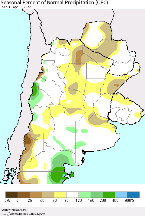 Southern South America Seasonal Percent of Normal Precipitation (CPC) Thematic Map For 9/1/2021 - 4/10/2022