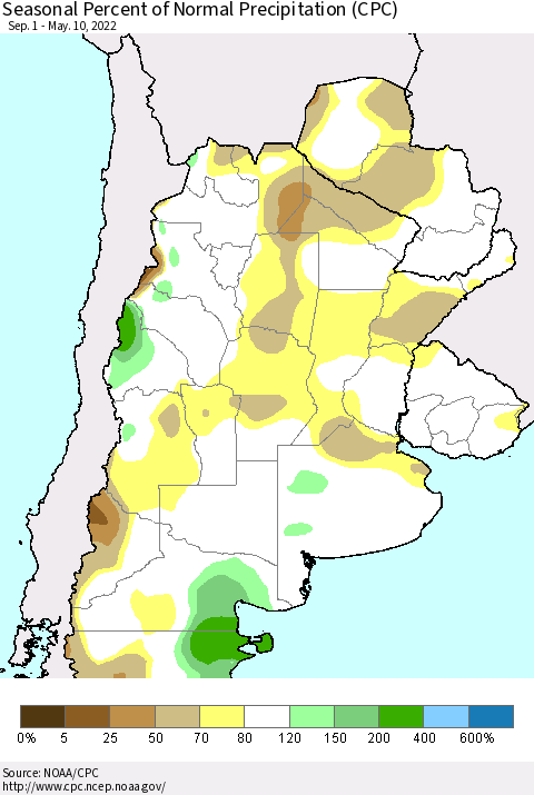 Southern South America Seasonal Percent of Normal Precipitation (CPC) Thematic Map For 9/1/2021 - 5/10/2022
