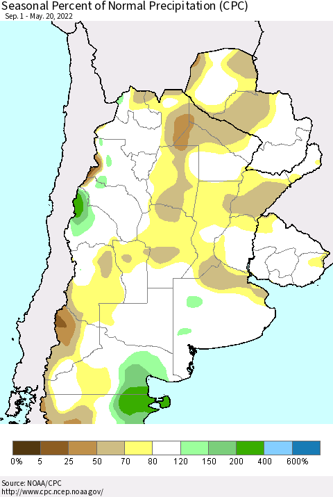 Southern South America Seasonal Percent of Normal Precipitation (CPC) Thematic Map For 9/1/2021 - 5/20/2022