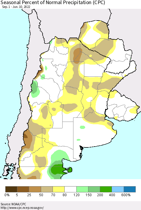 Southern South America Seasonal Percent of Normal Precipitation (CPC) Thematic Map For 9/1/2021 - 6/10/2022