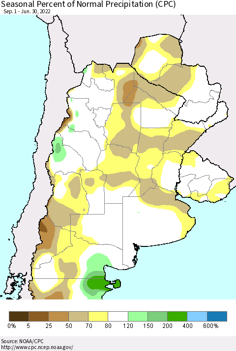 Southern South America Seasonal Percent of Normal Precipitation (CPC) Thematic Map For 9/1/2021 - 6/30/2022