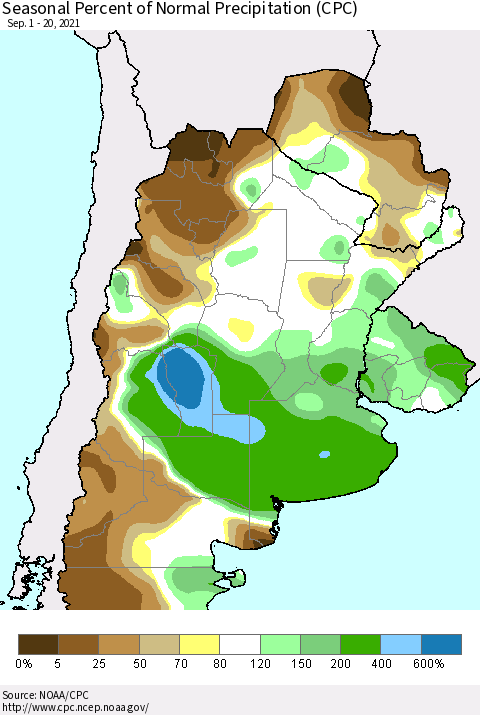 Southern South America Seasonal Percent of Normal Precipitation (CPC) Thematic Map For 9/1/2021 - 9/20/2021
