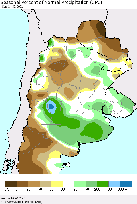 Southern South America Seasonal Percent of Normal Precipitation (CPC) Thematic Map For 9/1/2021 - 9/30/2021